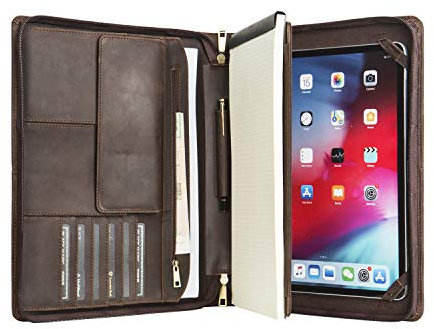 Konferenzmappe A4, Schreibmappe Leder Aktenmappe mit a4 Klemmbrett, Businessmappe Organizer mit Reißverschluss/Schreibblock Halter, Tablet Mappe für iPad Pro 12.9 (2018/2020/2021), Dunkelbraun