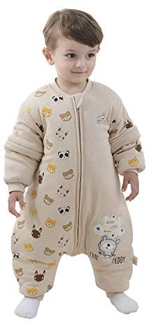 Baby Schlafsack mit Beinen Warm gefüttert winter kinder schlafsack abnehmbaren Ärmeln，Junge Mädchen Unisex Schlafanzug (Bear,18-36 Monate(baby height 85-95cm))