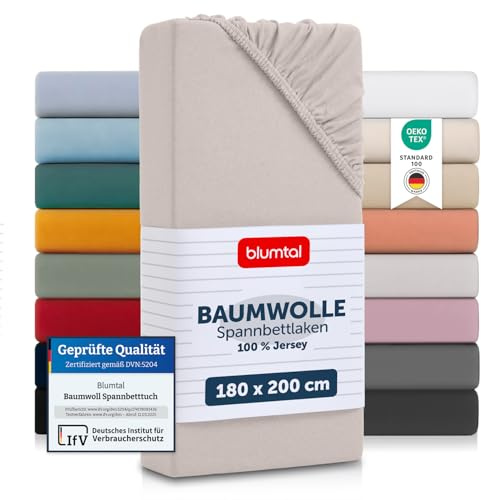 Blumtal® Basics Spannbettlaken 180x200cm Jersey - Bettbezug 180x200 cm aus 100% Baumwolle - Oeko-TEX zertifiziertes Spannbetttuch - Matratzenbezug 180x200cm - Elfenbein