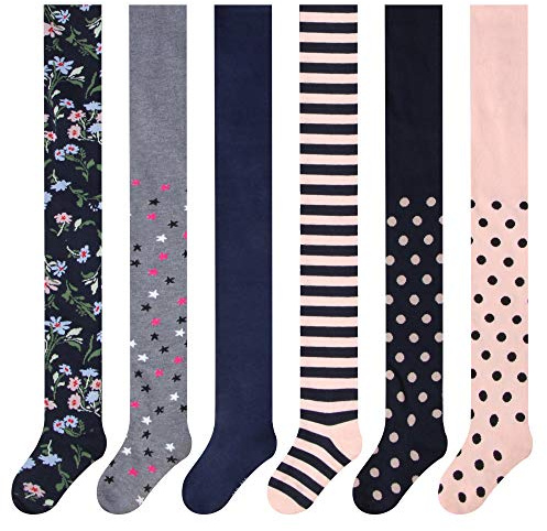 Ensemble L&K-II de 6 Collants pour Enfants Filles et Bébés - Motif à Rayures, Pois et Fleurs - Taille 122-128