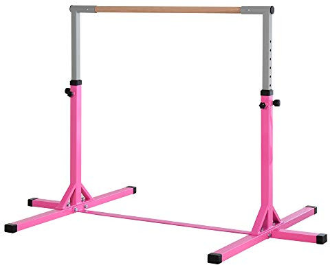 HOMCOM Barre Fixe de Gymnastique pour Enfant, Hauteur réglable 13 Niveaux de 92-150 cm, Acier et Bois en hêtre, Barre d'entrainement de Gymnastique à Domicile, antidérapant, Facile à Assembler, Rose