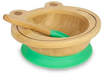 BIOZOYG Set con ciotola di bambù Rana I Ciotola con base a ventosa e cucchiaio - certificato FSC I Splendida scodella in legno di bambù per bambini - ciotola da pappa e muesli rotonda verde