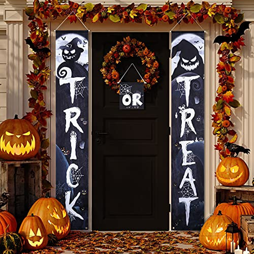 Irenare 3 Pieces Halloween Trick or Treat Porch Signs Christmas Before Decoration Halloween Porch Banner Welcome Sign for Gate Garden Front Door Home Outdoor Yard Party Decor Supplies