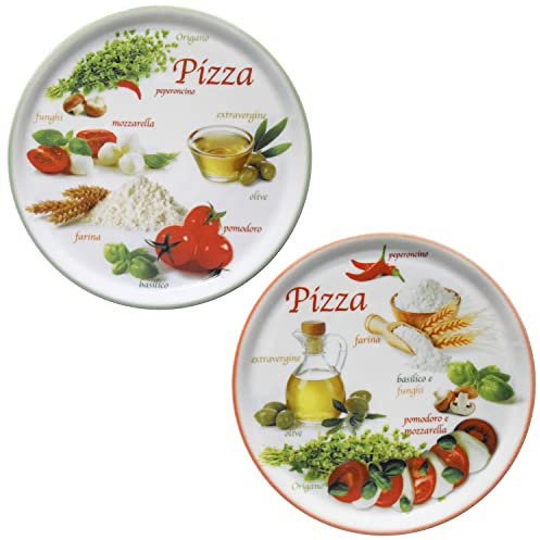 MamboCat Lot de 2 assiettes à pizza Napoli Green & Red I Ø 33,8 cm – Grand I 2 personnes I Assiette avec 2 motifs différents I Décorée I Pour pizzas ou présentation I Porcelaine