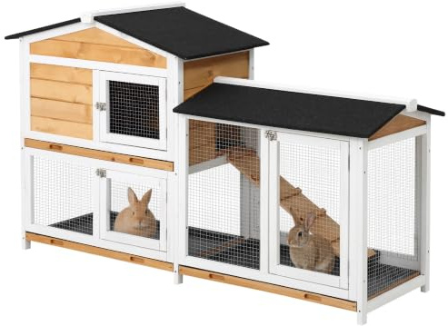 PawHut Rabbit Hutch Guinea Pig Hutch 157.4 x 53 x 93.5cm Yellow | Wooden House, with Run, 2 Tier Pet Cage Outdoor, No-leak Plastic Trays