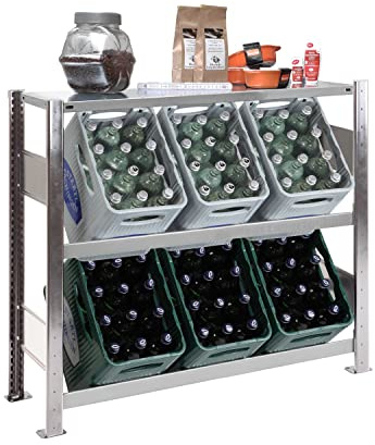 Getränkekistenregal für 6 Kästen, 100 x 106 x 33,6 cm, verzinkt, 2 Ebenen + Regalboden, echte 450 kg Tragkraft, Industriequalität Made IN Germany, Kastenständer, Flaschenkastenregal