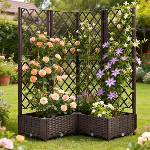Mingone blumenkasten mit rankgitter 80x80x121cm Braun | Pflanzkasten für Kletterpflanzen, 3 Pflanzgefäße, Wasserspeicher, Balkonkasten, Rattan Optik, Für Garten Terrasse