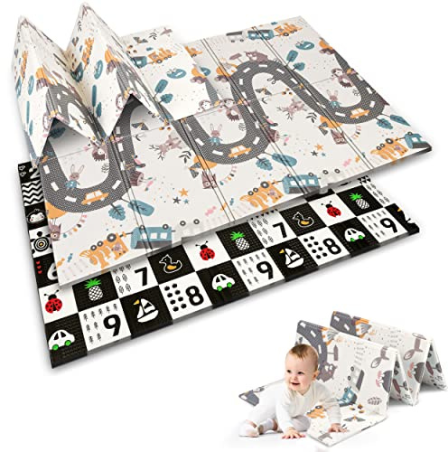 NUKIDO Baby-Schaumstoffmatte Krabbelmatte Doppelseitig Niedlich Buntes Design zum Spielen Krabbeln Faltbar 200x150 cm NK-340 Kontrastweg-Muster