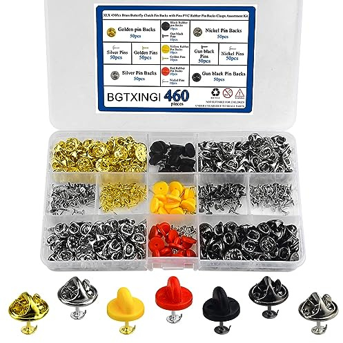 BGTXINGI 430PCS 11.5mm Schmetterling Clutch Pin Backs Silvery Golden Nickel PVC Rubber Pin Backs Clasps Repalcement Kit mit 10mm Krawattennadeln Blank Pins für die Schmuckherstellung und Crafting