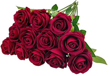 Sepikvin 12Pcs Rose Artificiali, Fiori Velluto Realistici Rose Ginte a Stelo Lungo per Bouquet Sposa Centrotavola Ufficio Feste Casa Hotel Composizioni Floreali Decorazione (Rosso Scuro)