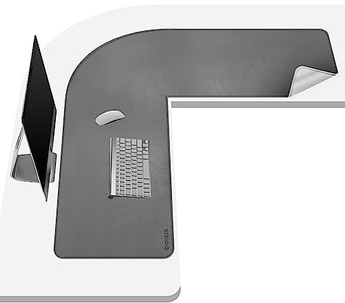 Chihein L-förmige Schreibtischunterlage aus PU-Leder (105 cm + 105 cm) x 33 cm (grau/weiß), beidseitig verwendbare Gaming-Eckmatte, Computer-Mauspad für das Homeoffice