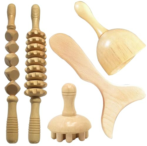 NAUZE 5 Stück Holztherapie Massagegerät Werkzeuge Holz Massage Roller Gua Sha Massagegerät Cellulite Massagegerät Lymphdrainage Massagegerät für Ganzkörpermuskelschmerzen Linderung Entspannen Massage