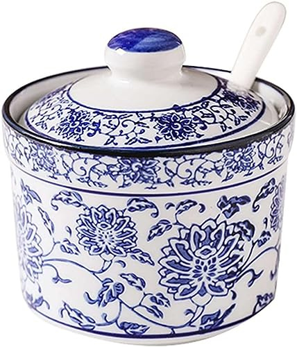 Azucarero de Porcelana China Azul y Blanca con Tapa y Cuchara - Salero Pequeño for Cafetería, Restaurante