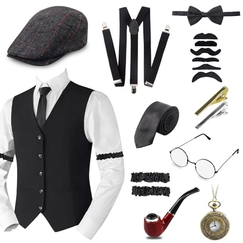 Set med 1920-tals herraccessoarer, maffiakarnevalskostym för män, tillbehörsset för 1920-talskostym med panamahatt, justerbara hängslen, slips, glasögon, Peaky Blinders-kostym, Gatsby-kostym