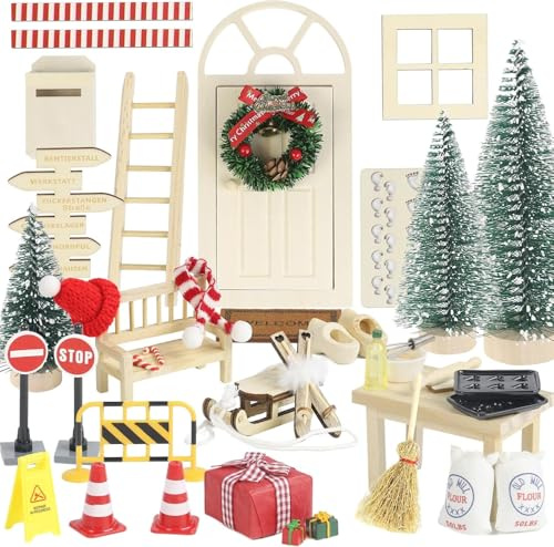 AIVORO Wichteltür Set, inkl Backset, Zauberhafte Wichteltür Komplettset, Miniatur Wichtel Zubehör Weihnachten mit Baustelle
