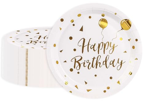 Lot de 50 assiettes en carton jetables de 23 cm avec inscription « Happy Birthday » - Ballon blanc et doré - Pour Noël, Nouvel An, mariage, fête des enfants, anniversaire, camping, pique-nique