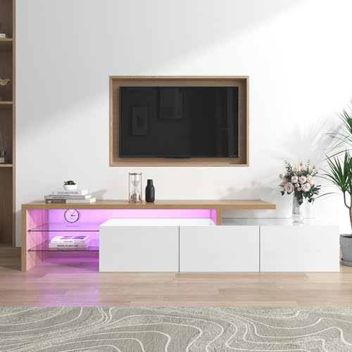 Azkoeesy Mueble TV de 200 cm para salón, con iluminación LED, 3 Puertas y 2 estantes de Cristal, Color Blanco Brillo y Natural