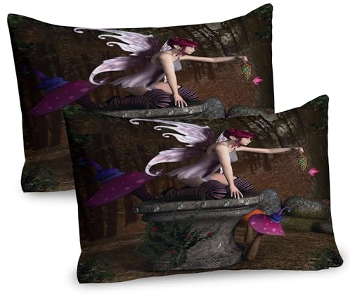 ABAKUHAUS Fee Kissenbezug Packung mit 2, Dreidimensionale Fabelwesen Design mit magischen Artefakt auf Podest Forest, Dekorativer Standard Gedruckter Kissenbezug, 80 x 40 cm, Mehrfarbig
