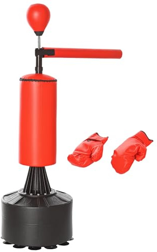 HOMCOM Saco de Boxeo de Pie 155-205 cm, Saco de Boxeo con Barra Giratoria de 360°, Bola de Velocidad y Base Rellenable, Punching Ball para Adultos y Niños, Entrenamiento MMA, Muay Thai, Fitness, Rojo