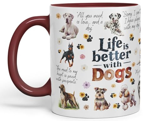 Vixar Life is Better with Dogs Joke Pets Ceramic Coloured Mug Cup for Tea Coffee Hot Brew 330ml 11Oz Gift (Maroon)