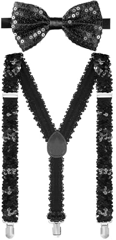 Jadive 2 Pcs Pailletten Hosenträger Set Y Clip mit Glitzer Fliege Krawatte Schleife Kostümzubehör für Disco Karneval Halloween Mottoparty
