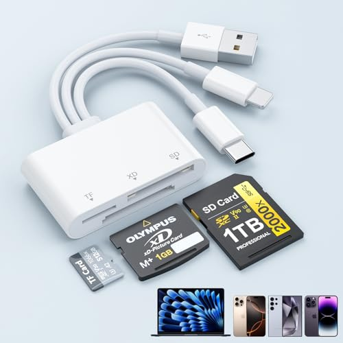 SD Card Reader for iPhone, 3-in-3 Lightning + USB C + USB A Connector Memory Card Reader for SD/TF/XD Card, XD Card Reader Plug and Play, Multi Micro SD Card Reader for iPhone/iPad/Android/MacBook/PC