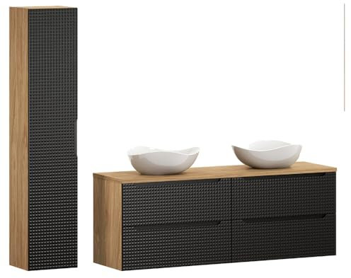 Lomadox Badmöbel Set 2-teilig mit 160 cm Waschtisch in Eiche mit schwarz, grifflose 3D-Front, Keramik-Aufsatzwaschbecken