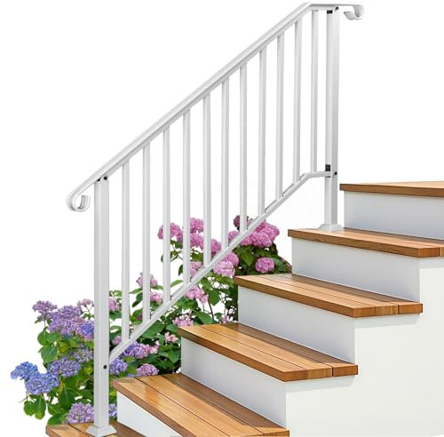 Bonnlo Outdoor Handrail for Stairs Fit 4 or 5 Steps, Hand Rails Outside Steps with Installation Kit, White Galvanized Iron Handrail for Entrance Door