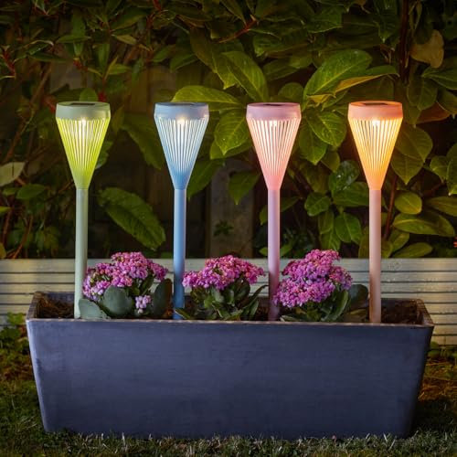 Festive Lights - Confezione da 4 torce colorate Tiki con paletto da 43 cm di altezza, LED bianco caldo, grado di protezione IP44, illuminazione solare da giardino per vialetti e aiuole, decorazione