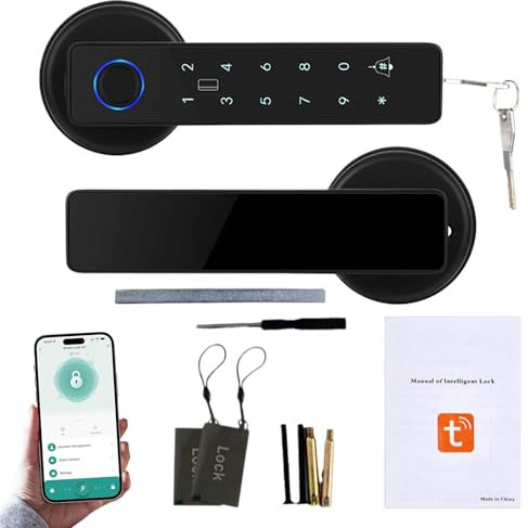 5-in-1 Fingerprint Door Lock Smart Lock Handle with APP Fingerprint IC Cards Password Backup Keys, Bluetooth Smart Door Knob for Home Bedroom Hotel Office Apartment