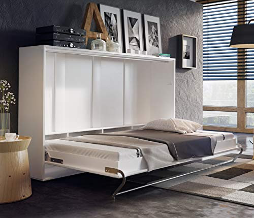 Modernes horizontales Klappbett in glänzendem Weiß, platzsparend, versteckte Wand für kleine Räume, stilvolles multifunktionales Ausziehbett (90 x 200 cm)