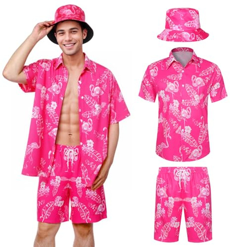 Joyesplay Camisa hawaiana para hombre, 3 piezas, traje hawaiano para hombre con camisa de flamenco, pantalones cortos, sombrero de pescador, camisas hawaianas para verano, playas, fiestas en la
