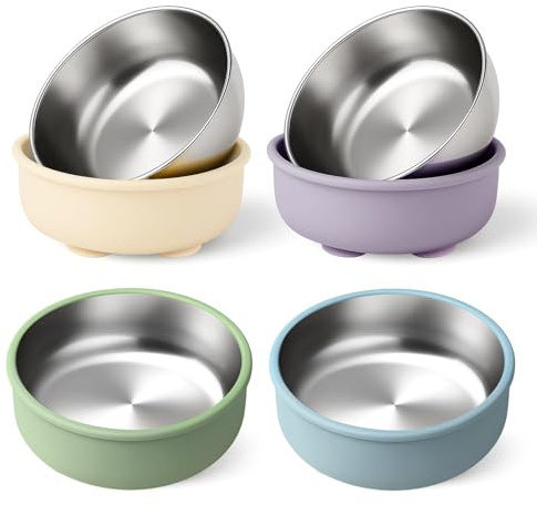 Kabwea 4 piezas taza y platos con ventosa para niños pequeños, tazón de silicona removible, tazón de acero inoxidable, plato de acero inoxidable bebé, plato con ventosa, plato infantil