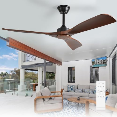 Depuley Ventilador de techo sin luz: Ventilador de exterior de 52 pulgadas con control remoto por para porches y terrazas - Ventilador de techo de nogal sin luz, reversible, 6 velocidades