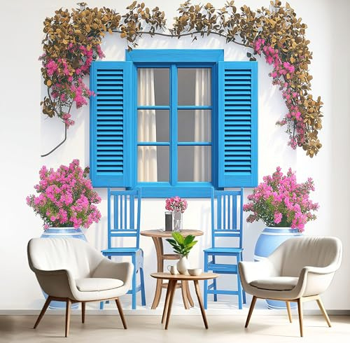 Papel Pintado 350X256Cm En Beige Papel Pintado Seda Ventanas Griegas 3D Paisaje Rural Fotomurales Efecto 3D Tapiz Decorativos Pared Murales Póster Para Dormitorio Salón Tv Pared