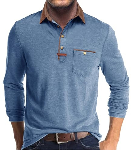 Volemo Mens Long Sleeve Polo Shirts Casual Smart Tops | Chest Pocket, Leather Patch, Contrast Collar, Soft Breathable, Regular Fit, Office Weekend Daily, Autumn Winter Layering