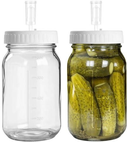 YOFAPA 2er Set Fermentationsgläser mit Luftschlössern, 1000 ml Einmachgläser mit Skala, Weithals-Glasbehälter, Sauerteigstarter-Set, Kimchi-Glasbehälter, Transparent
