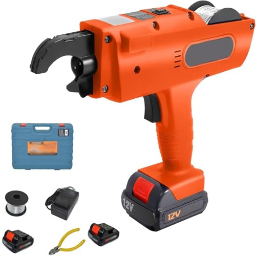 Pistola de amarre inalámbrica con tecnología de atado rápido, incluye cargador y alicates, ideal para proyectos de construcción