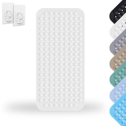 Tapis De Douche, 40 x 80 cm Tapis de Douche, PVC Shower Mat Non Slip, Tapis de Douche Carré Lavable en Machine avec Ventouse, avec 2 Crochets, Blanc