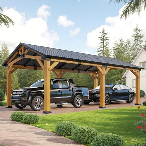 Jocisland 12x24x9.5 FT Cedar Wood Hardtop Carport with Galvanized Steel Roof, Waterproof Outdoor Gazebo Pavilion, Heavy-Duty Snow & Wind Resistant Canopy for Patio, Driveway, Garden
