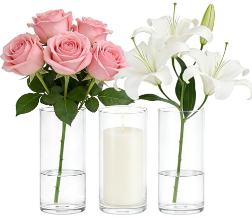 3 Vasi Cilindrici in Vetro Borosilicato Trasparente, 8,5x15cm | Vaso di fiori trasparente, design minimalista, per fiori, candele, decorazione da tavolo, soggiorno, matrimonio