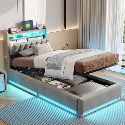 KOOPMAD Säng 90 x 200 med sänglåda, stoppad säng med förvaringsutrymme, enkelsäng med LED och USB, ungdomssäng, 90 x 200 med förvaringsutrymmes-sänggavel, hydraulisk förvaringssäng, resårsäng, sammet