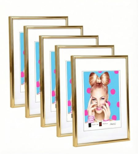 KM FOTO 3er 5er Set Photo Style Set Bilderrahmen Wanddeko Collage Poster Kunststoff Rahmen: Farbe: 5er Pack Gold | Format: 21x29,7 DIN A4