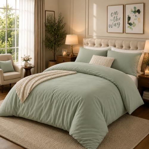 Microfiber Double Duvet Cover Set with 2 Pillowcases (200x220)cm Sage Green | Soft Brushed Microfiber, Secure Button Closure, Hotel Inspired Luxury Feel