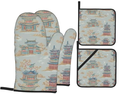 Ancient Pavilion Elegant Chinese Traditional Architecture Art Baking Kitchen Mitts Set - 2 Heat Resistant Gloves & 2 Pot Holders