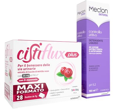 Bundle di Cistiflux Plus, Integratore di Mirtillo Rosso, Cranberry Americano e D-Mannosio per Vie Urinarie + Meclon Intima Controllo Attivo 150ml, Detergente Intimo per Infezioni e Irritazioni
