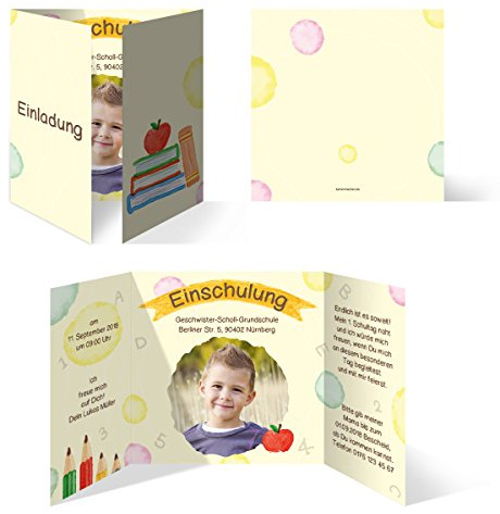 Personalisierte Foto Einschulung Einladungskarten Schulanfang Set - Schulreif Motiv, Einschulungskarten mit eigenem Bild und Text, Atlarfalz quadratisch 148x148mm, Menge ab 10 Stück bis 100