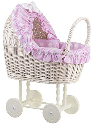 e-wicker24 Alles aus Weide Puppenwagen aus Weide mit Bettwäsche perfekte Geschenkidee Korbpuppenwagen schöner Spielzeug aus Korbgeflecht Korbwagen für Puppen Spielzeug für Mädchen (Pink)