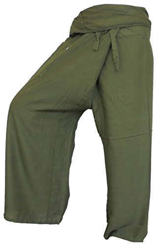 stickersquare Pantalones de ocio de algodón fino, color liso, pantalones de pescador, tailandesa, talla única, flexible, S-L, verde oliva, Talla única