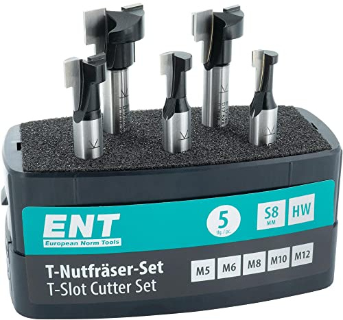 ENT 09055 5-delar T-spår fräs set M5, M6, M8, M10 och M12, 8mm skaft, i hårdmetall, för sexkantskruvar med metrisk gänga, T-spår skärare